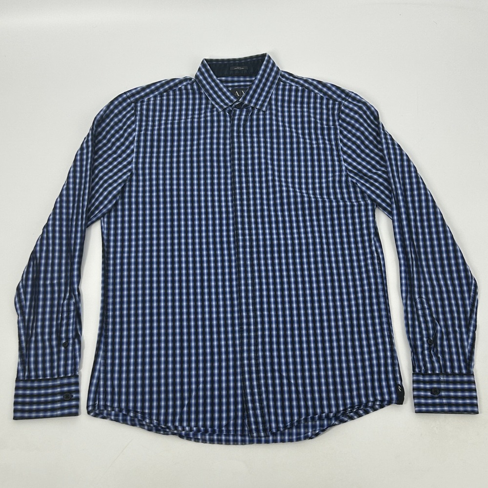 Armani Exchange Shirt Mens Medium Blue Ombre Plaid Long Sleeve Slim Fit A/X - Picture 2 of 12